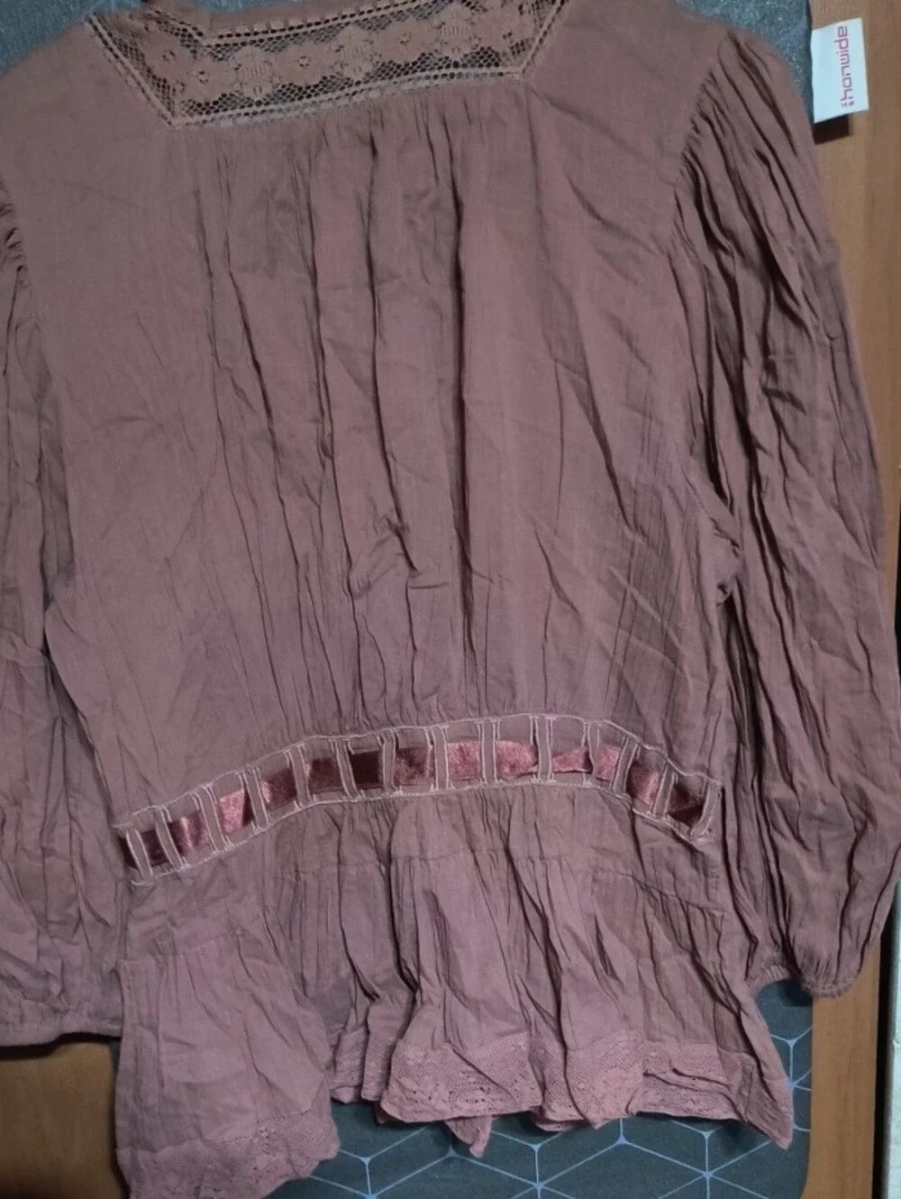 Free People Dusty Rose Lace-Trim Peasant Top with Satin Tie